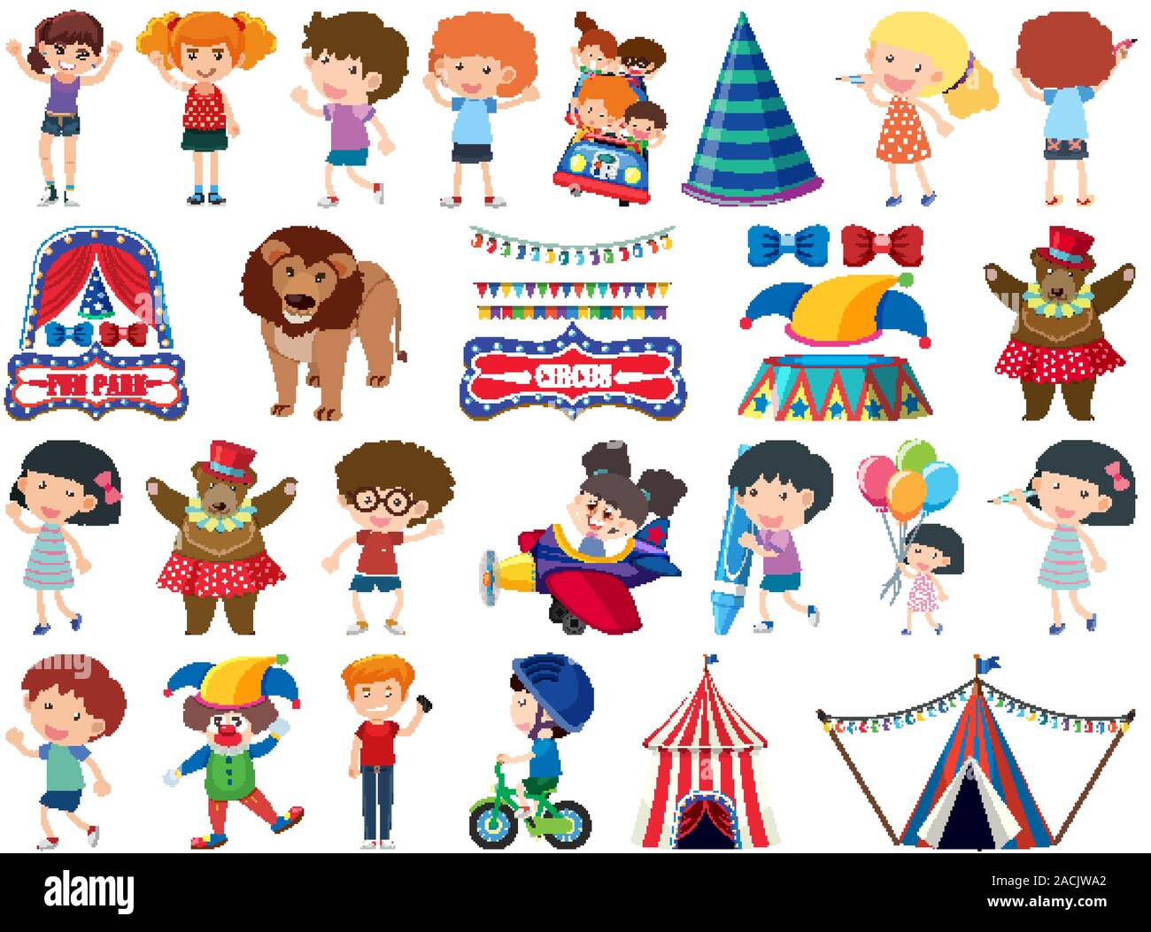 Large set of isolated objects of kids and circus illustration Stock ...