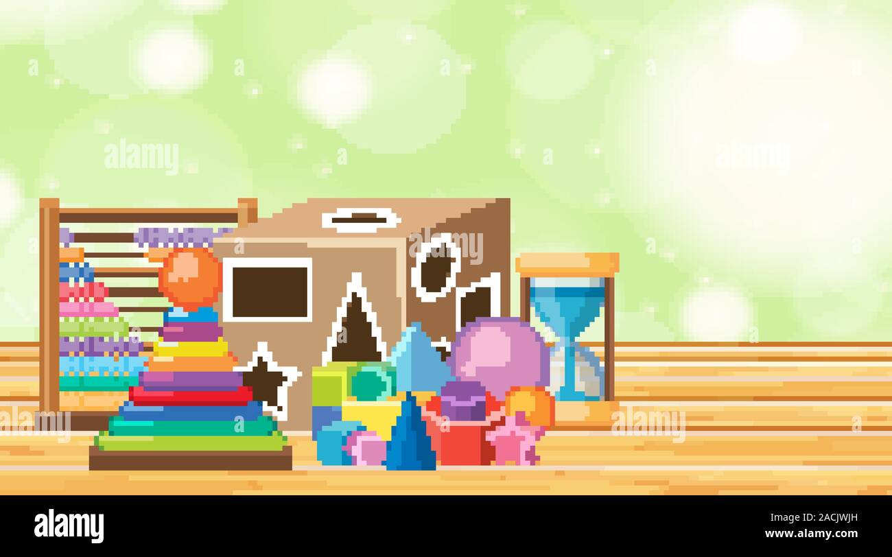 Background with many toys on wooden floor illustration Stock Vector ...