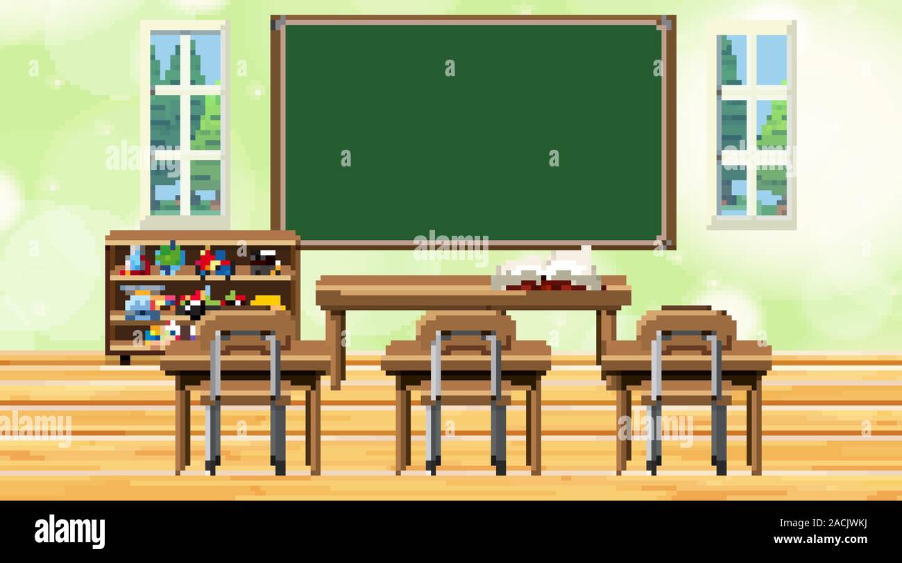 Classroom scene with chalkboard and desks illustration Stock Vector ...