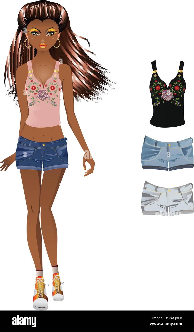Fashion cartoon girl in jeans and tank top with floral embroidery