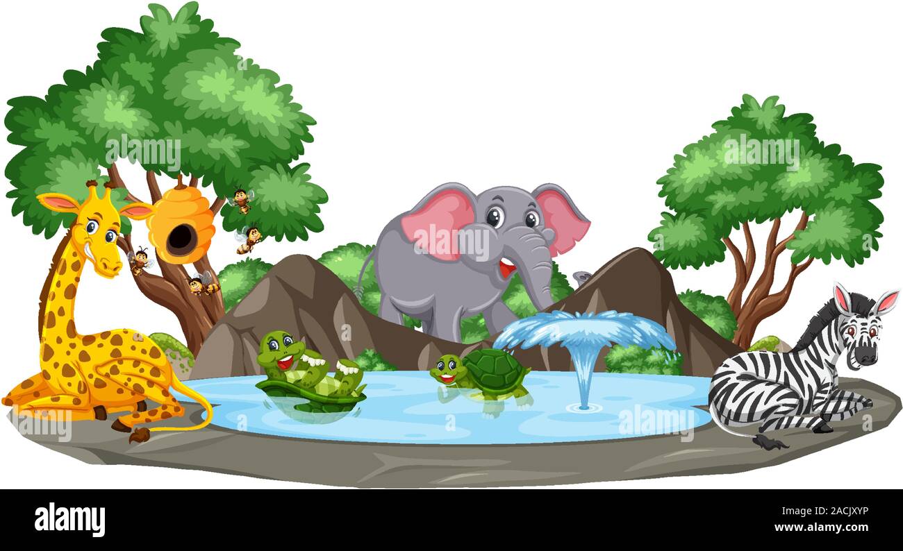 Background scene of wild animals by the pond illustration Stock Vector ...
