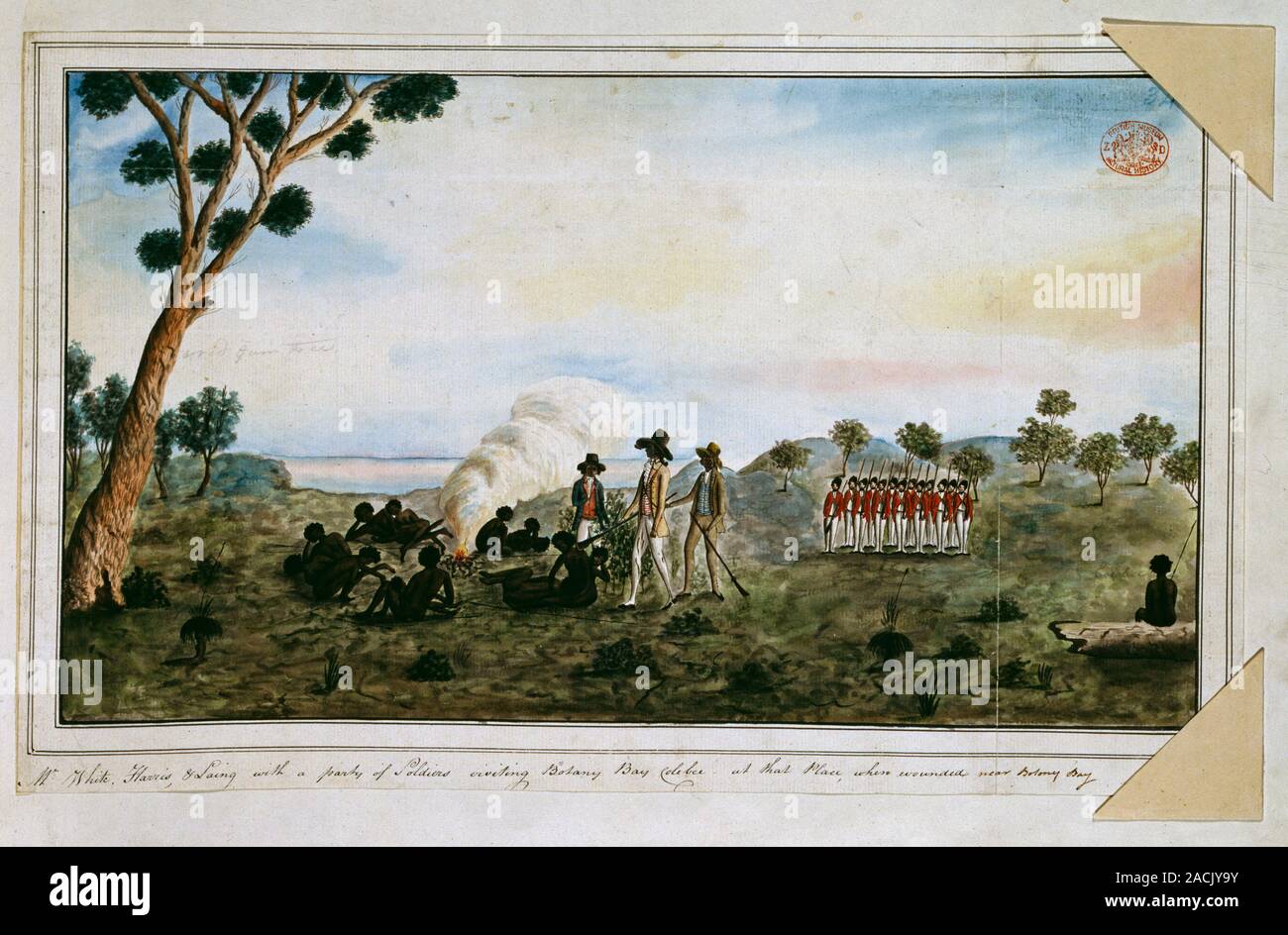 Australian colonial reprisals. Artwork of Australian colonial soldiers visiting Botany Bay (near Sydney) in around December 1790. This punitive expedi Stock Photo