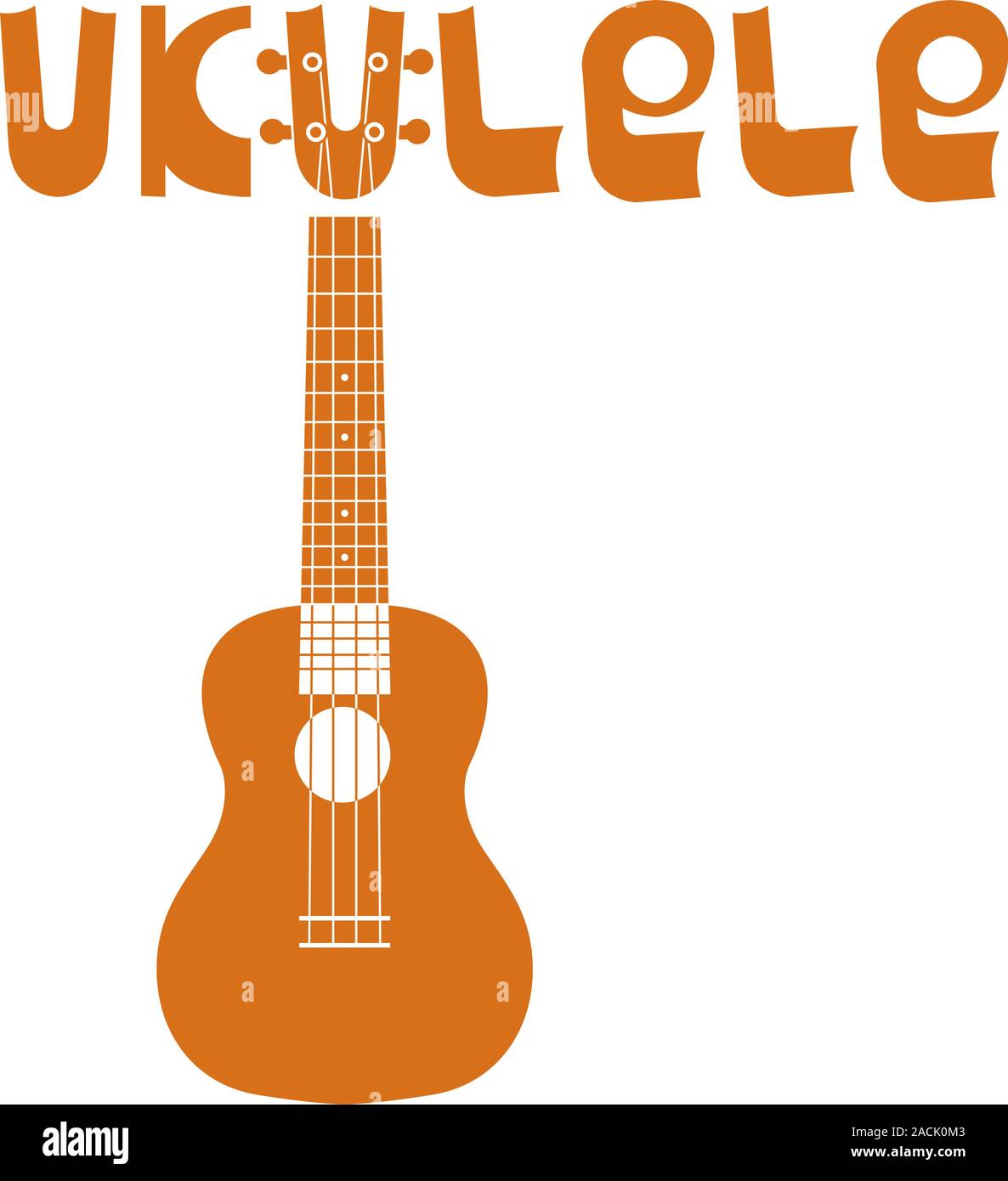 Ukulele Hawaiian guitar. Lettering of the word ukulele. String musical instrument. Simple brown vector illustration Stock Vector