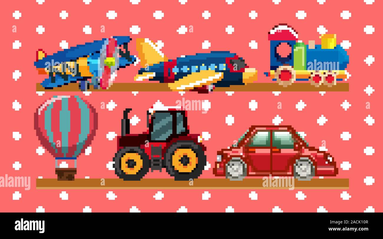 Many transportation toys on wooden shelves illustration Stock Vector ...