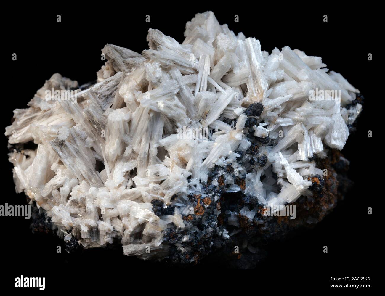 Cerussite is lead carbonate (PbCO3), both an ore of lead and a collectors mineral. Orthorhombic crystals are white or colourless, and here the fibrous Stock Photo