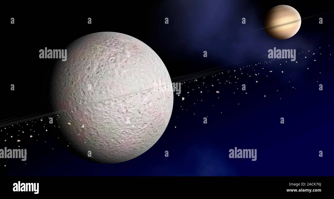 Photo De Rhea Saturn's moon Rhea. Computer artwork showing the ring of debris that ...