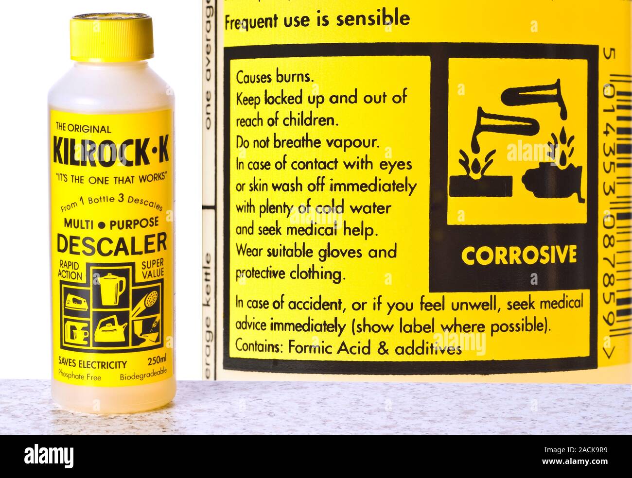 Descaler product and packaging. The product bottle is at left, with a