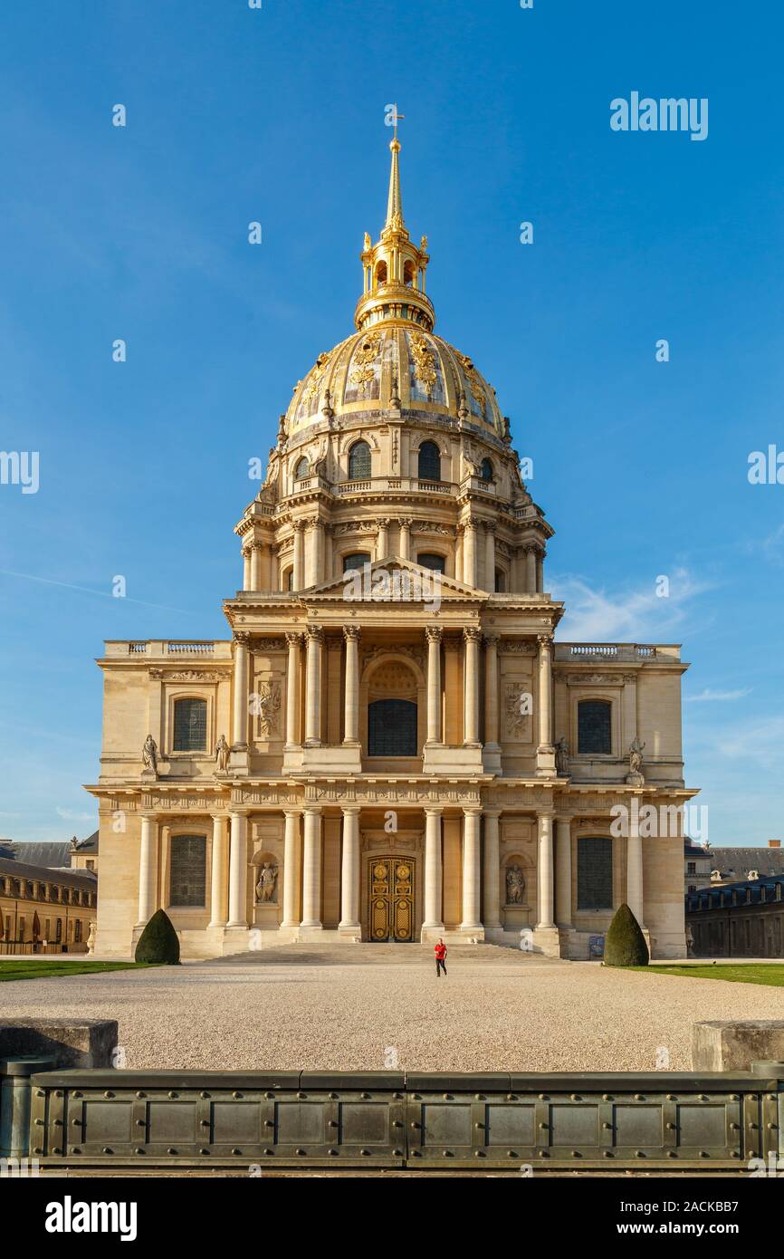 Paris, France, March 30, 2017: Les Invalides hospital and chapel dome, France. As well as a hospital and a retirement home for war veterans since 1678 Stock Photo