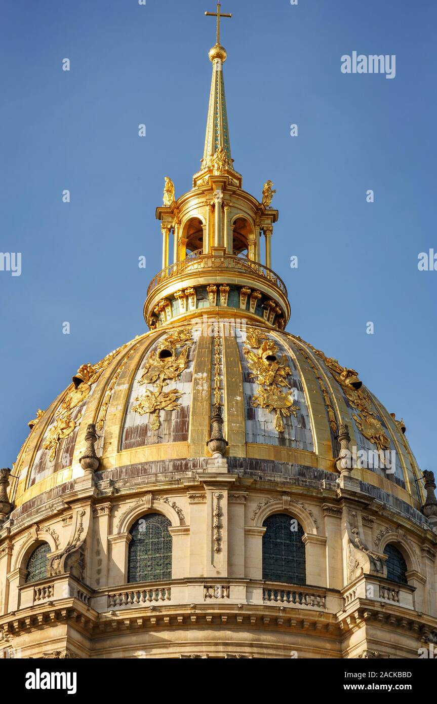 Paris, France, March 30, 2017: Les Invalides hospital and chapel dome, France. As well as a hospital and a retirement home for war veterans since 1678 Stock Photo