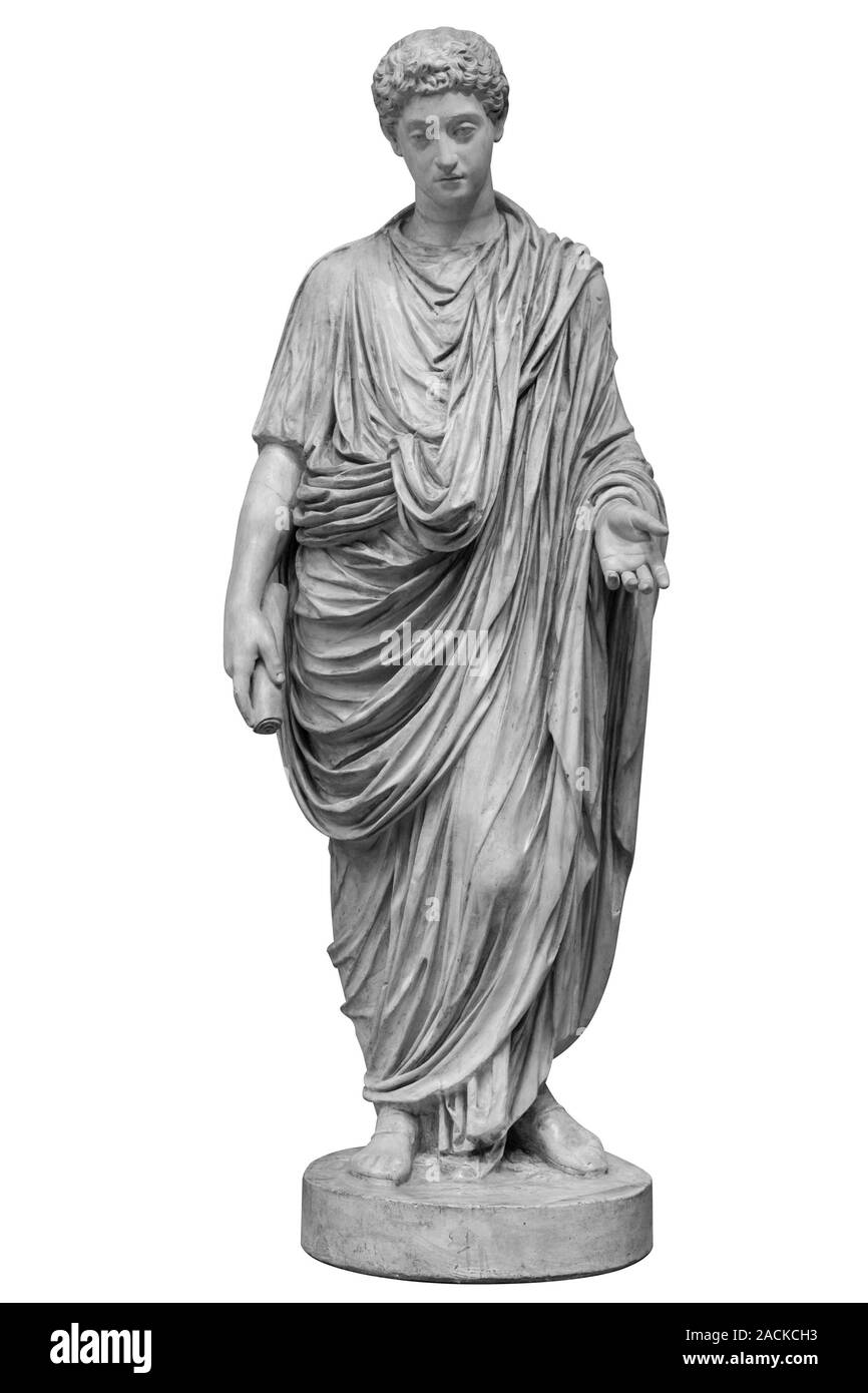 Young roman emperor Commodus statue isolated over white background. Lucius Aurelius Commodus reign is commonly considered to mark the end of the golde Stock Photo