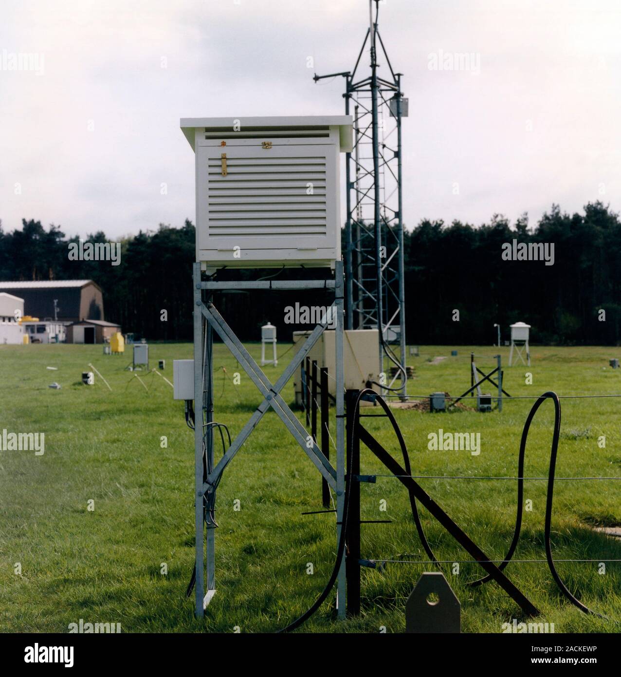 Stevenson screen. The wooden slats of this screen shield thermometers and other equipment from