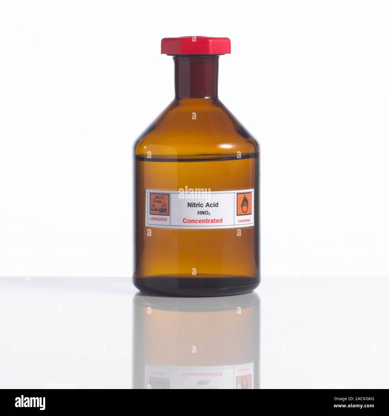 Nitric acid, laboratory bottle. The hazard label warns that this