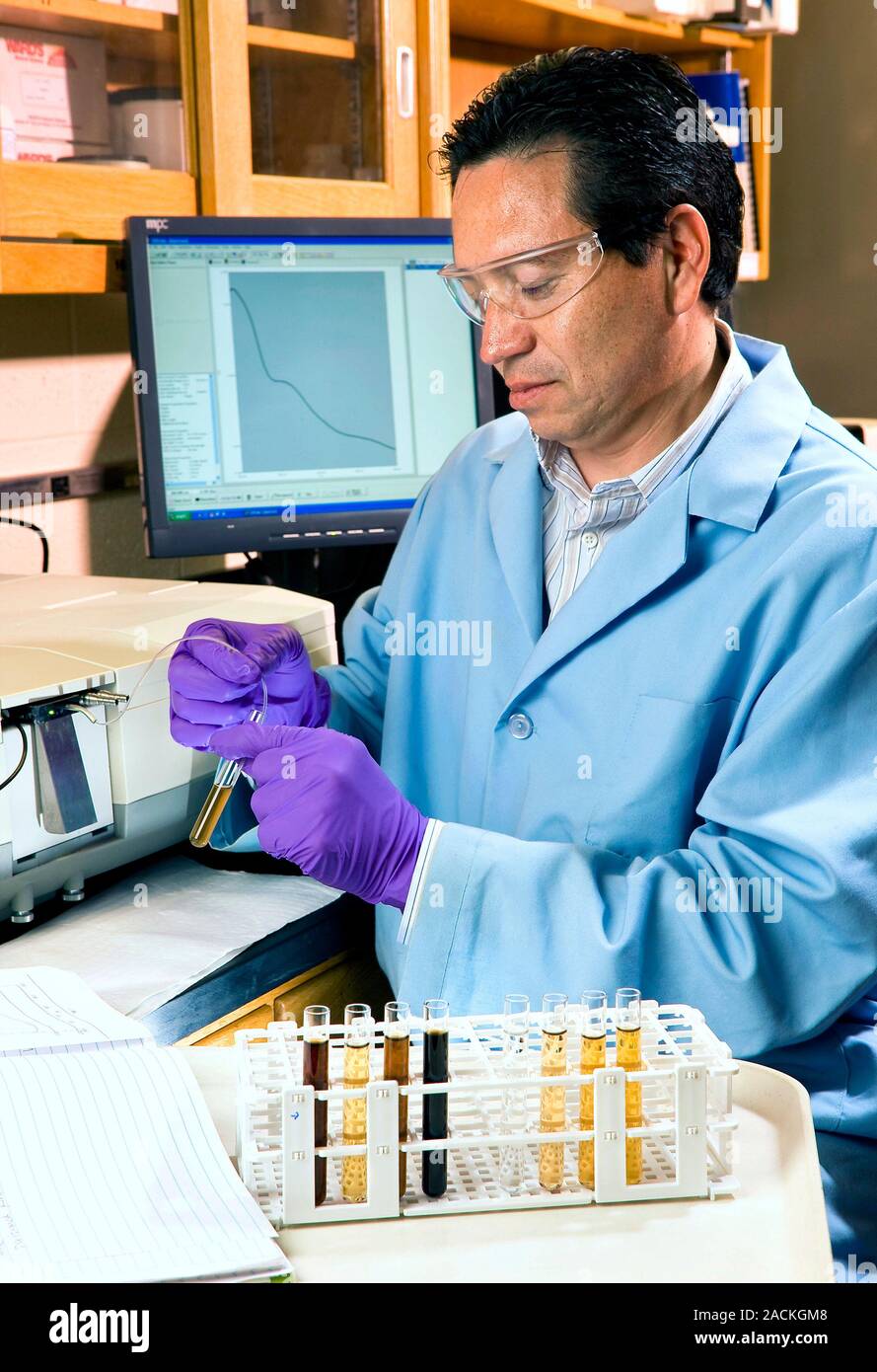 Agricultural soil research. Chemist analysing the composition of water ...