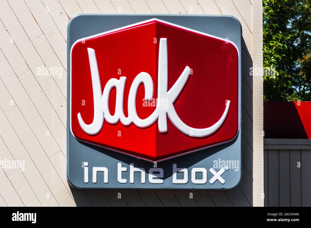 Aug 13, 2019 Santa Clara / CA / USA - Jack in the box sign at one of their locations in South San Francisco bay area Stock Photo