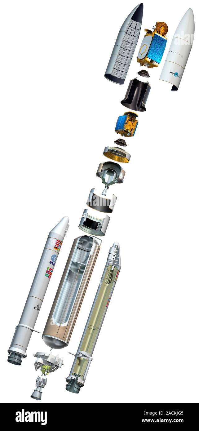 Ariane 5 rocket, exploded artwork. The Ariane 5 launch system is used