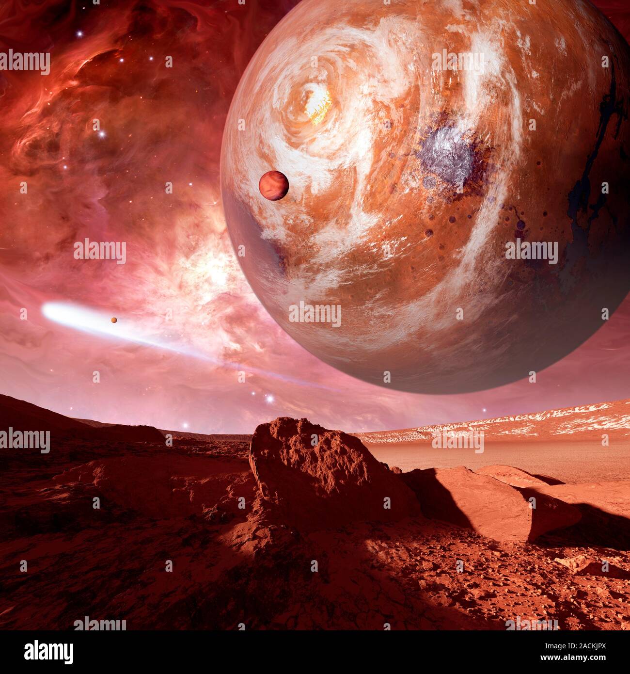 Earth-like planet. Computer artwork of a view across an alien moon towards an Earth-like planet in the distance. Stock Photo