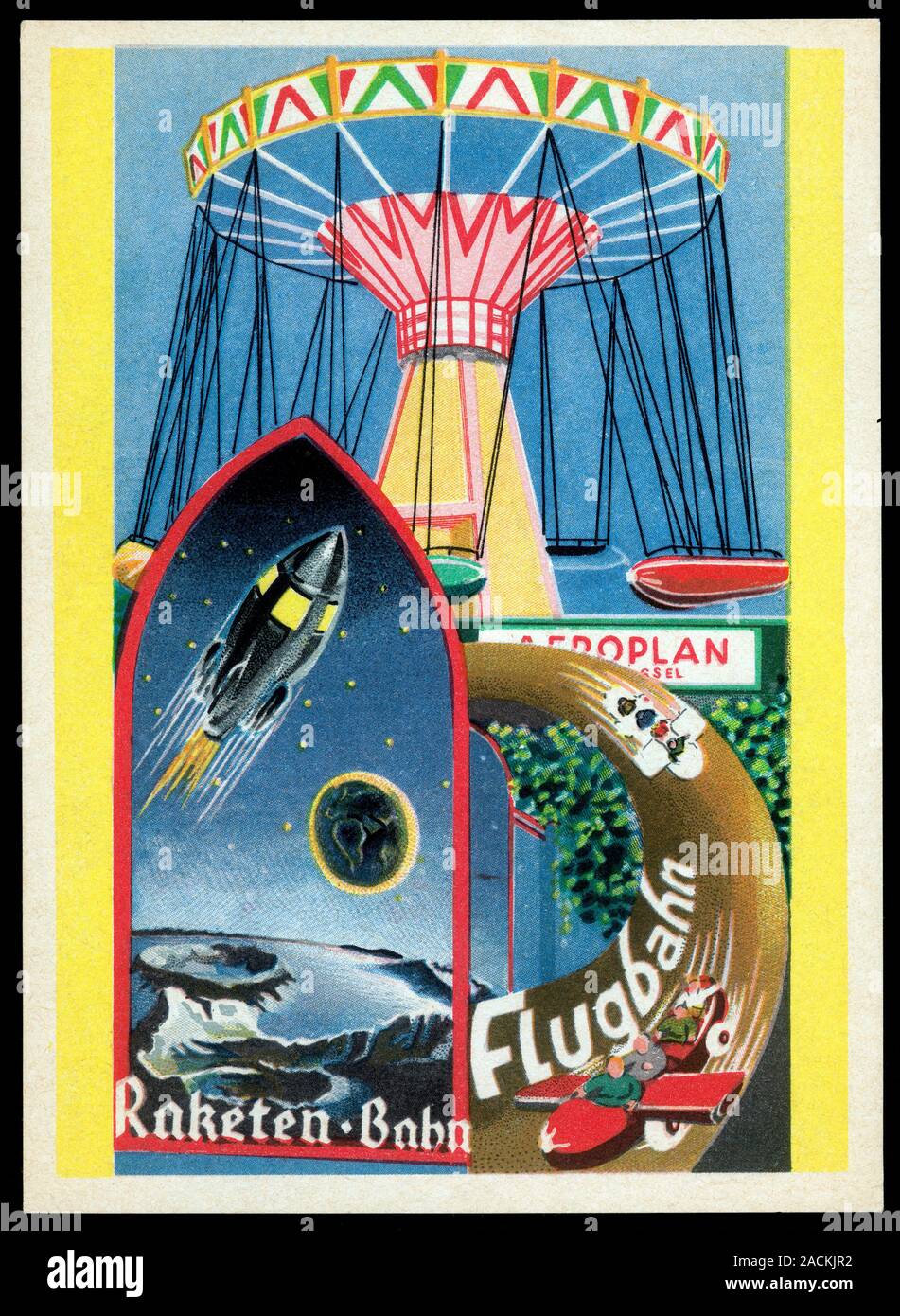 Viennese fun fair, historical post card. 1932 promotional post card for attractions at a fun fair in Vienna. Stock Photo
