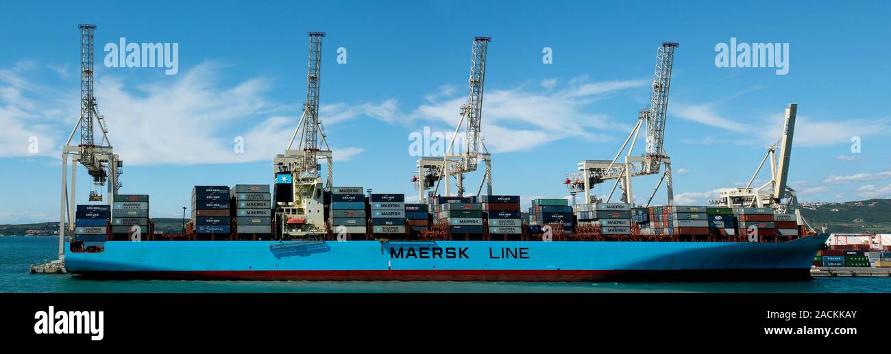 Container ship with cranes being used to load and unload cargo. The ...