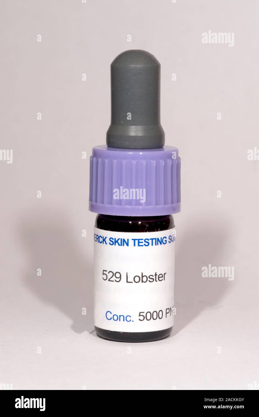 Bottle of lobster solution from a skin prick kit for testing allergies