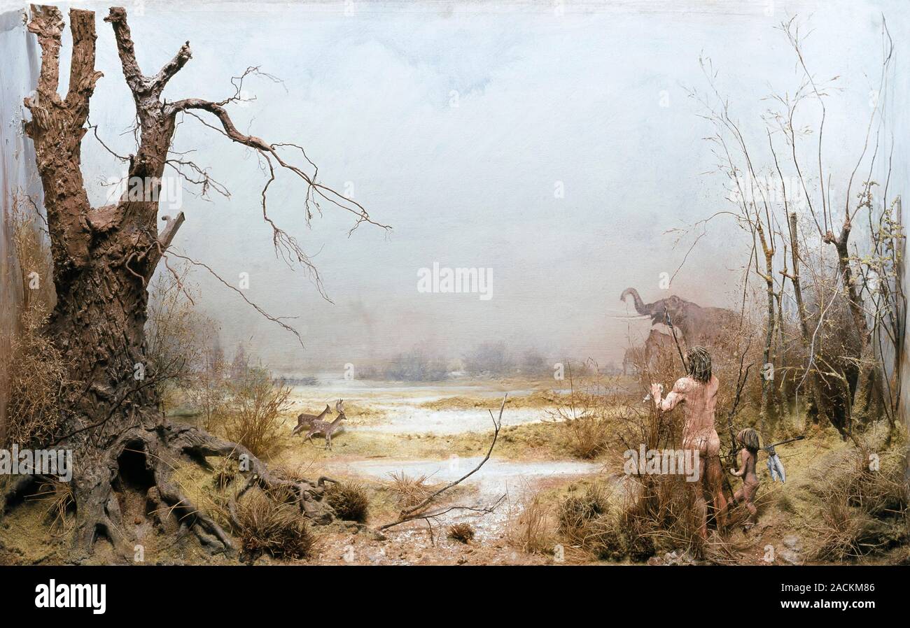 Pleistocene Britain. Diorama of a waterhole in Kent, UK