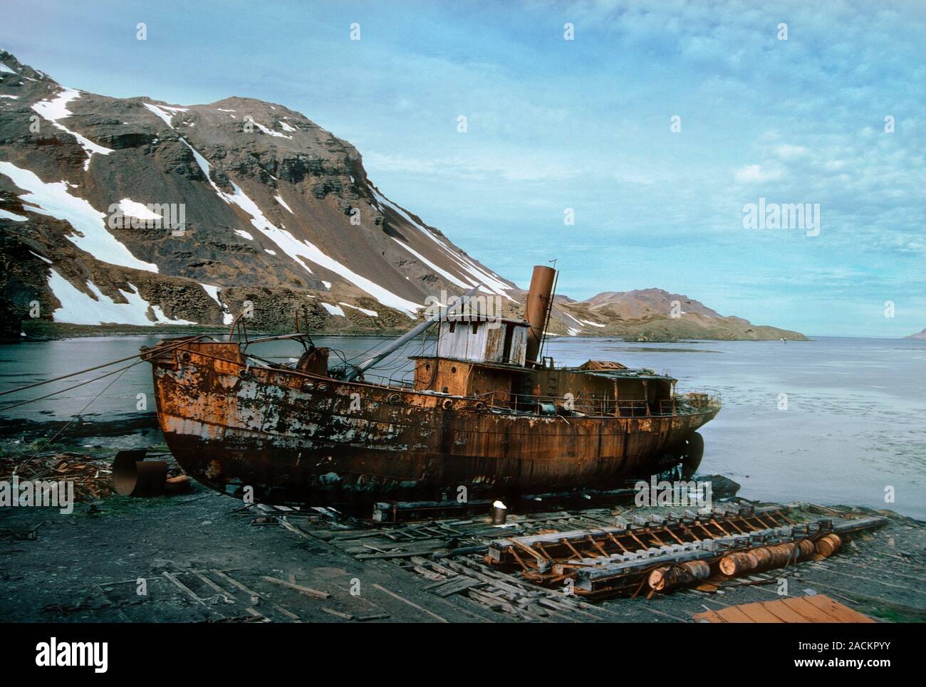 Abandoned Antarctic whaling ship. Old whaling ship decaying at Husvik ...