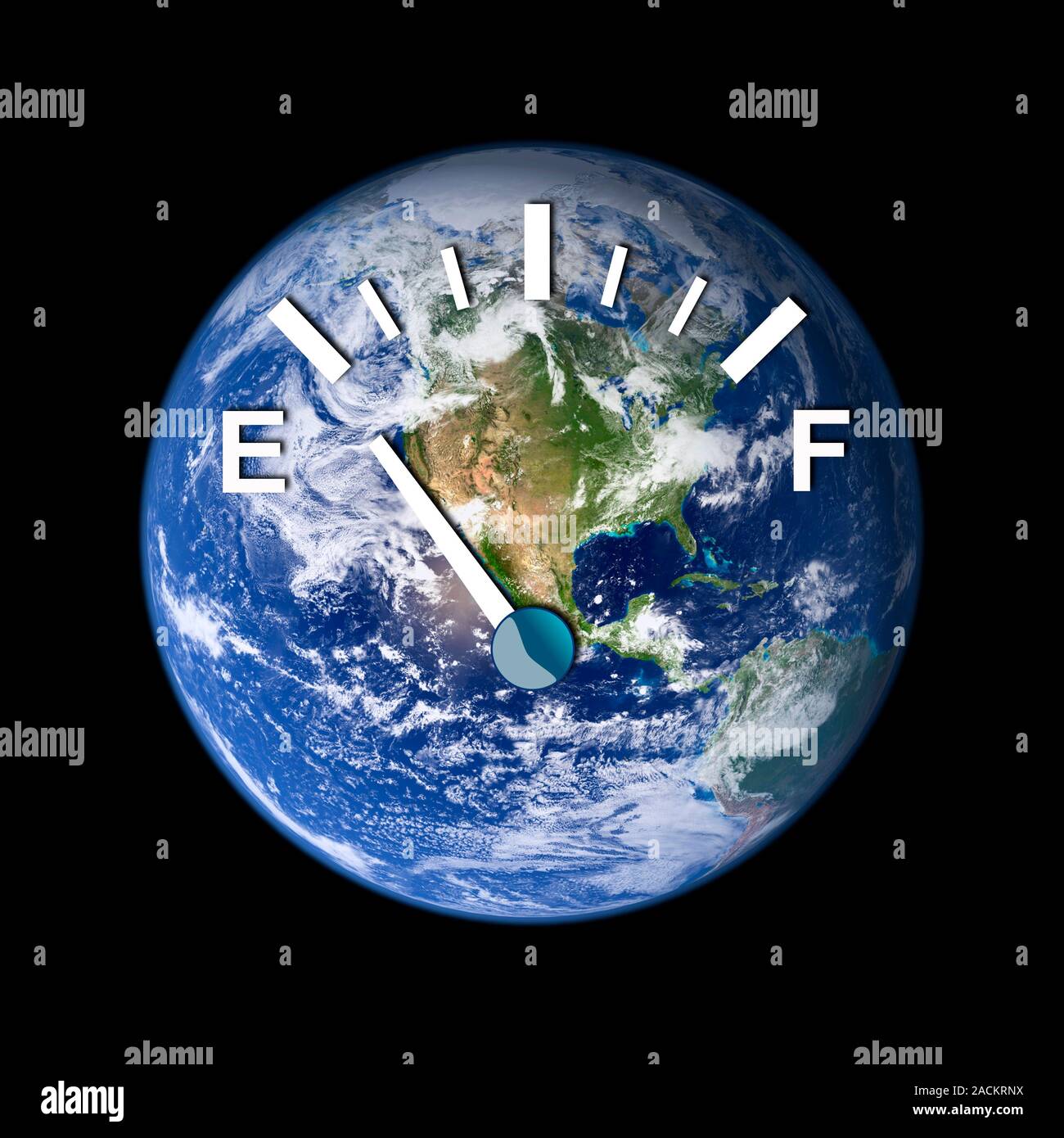 Global energy resources. Conceptual image of a fuel gauge on the Earth approaching empty (E). This represents global environmental issues relating to Stock Photo