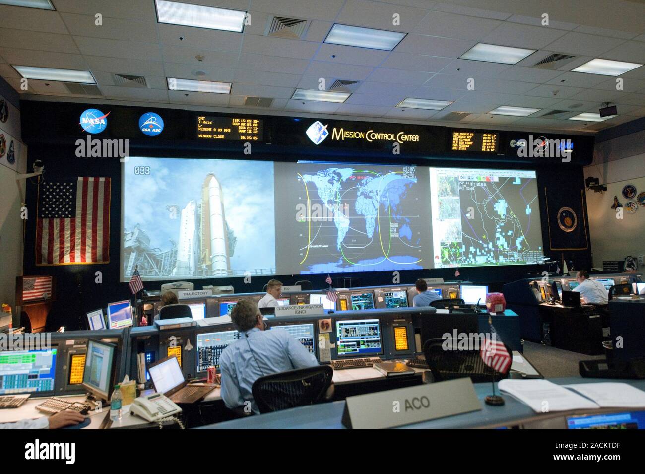 Space Shuttle final flight. NASA flight controllers in the space shuttle flight control room