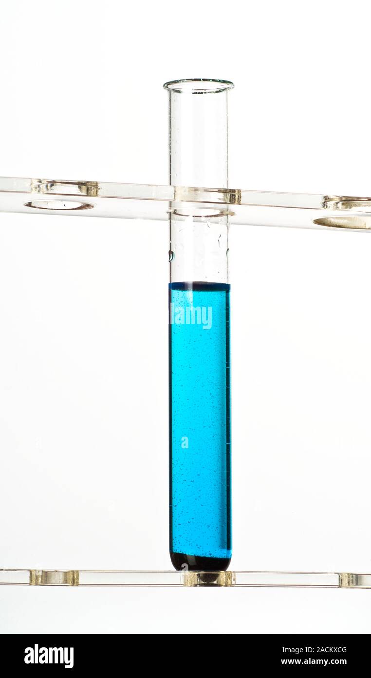 Copper sulphate formation. Test tube of copper (II) sulphate (blue) and
