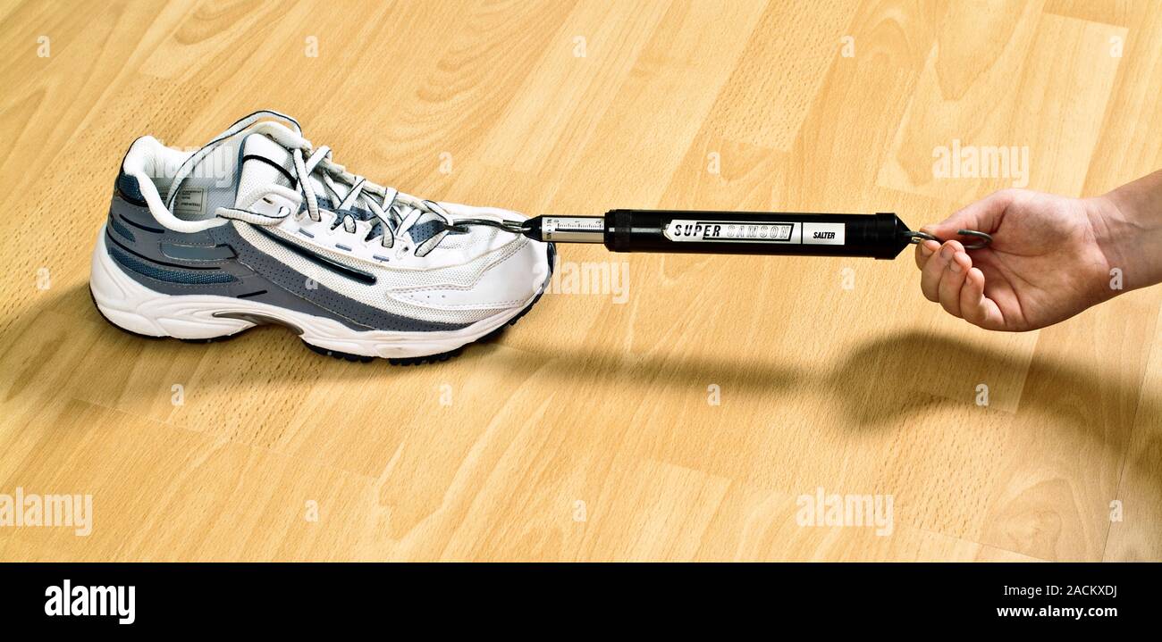 Friction measurement experiment. Spring balance being used to measure