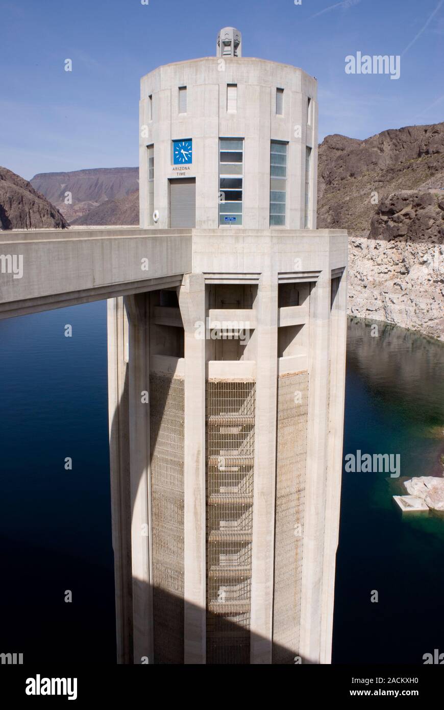 Intake tower in Lake Mead upper cofferdam at Hoover Dam. The intakes feed water to the