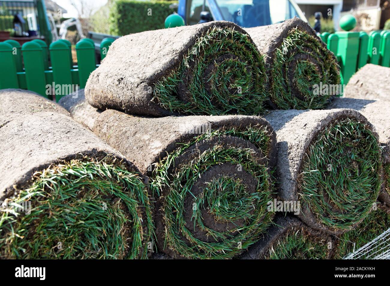 Turf is laid by gardeners Stock Photo Alamy