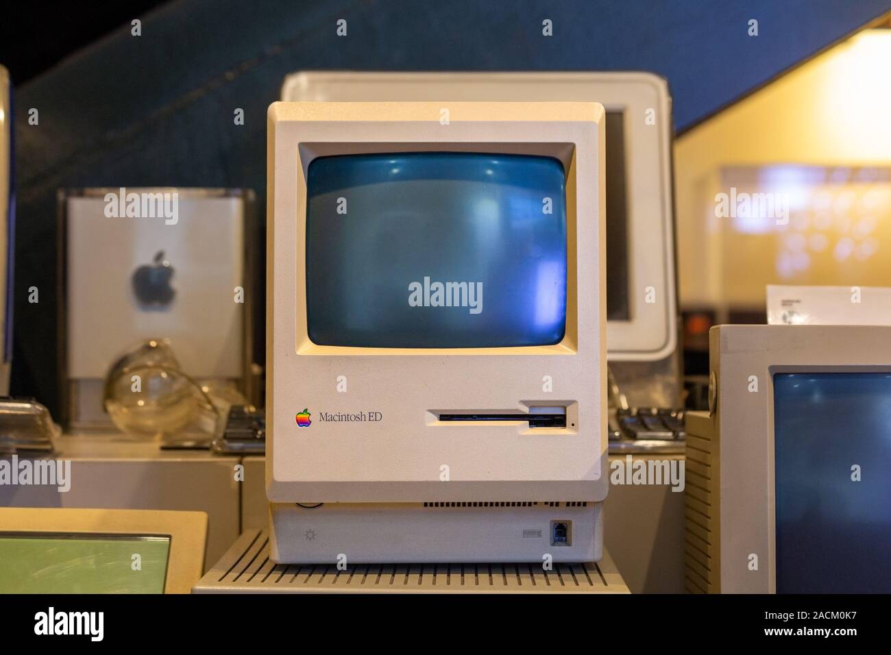 Old Macintosh ED personal computer by Apple along with other models at Rahmi M. Koc Industrial Museum in Istanbul. Stock Photo