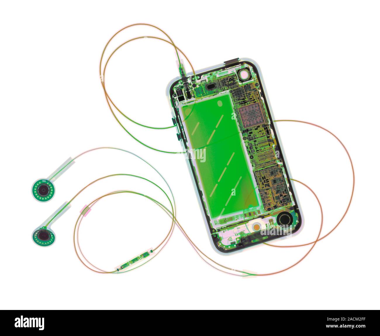 Mobile phone and headphones, coloured X-ray. This is an iPhone ...