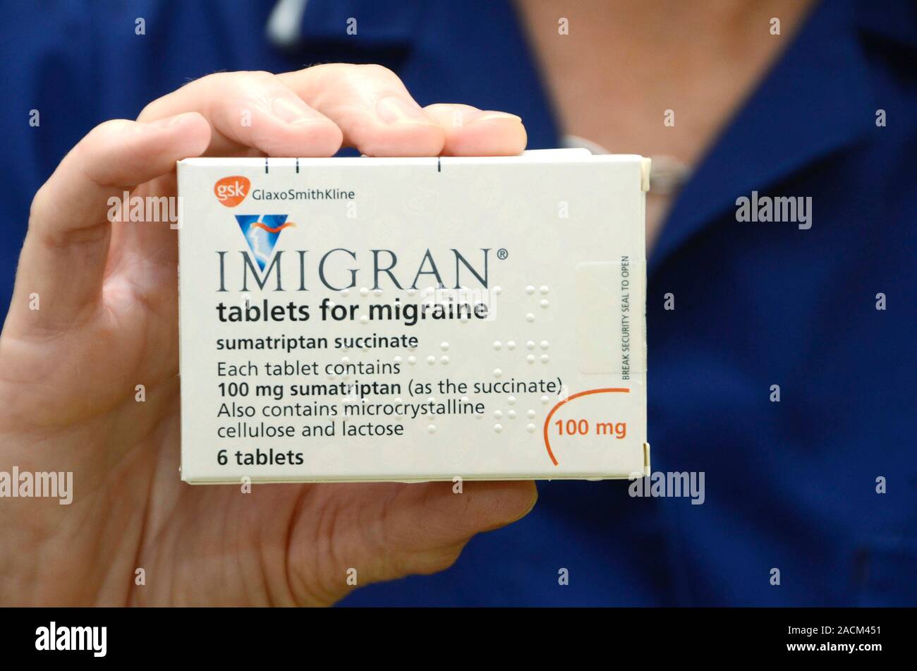 Migraine relief tablets. Nurse holding a box of Imigran tablets. These