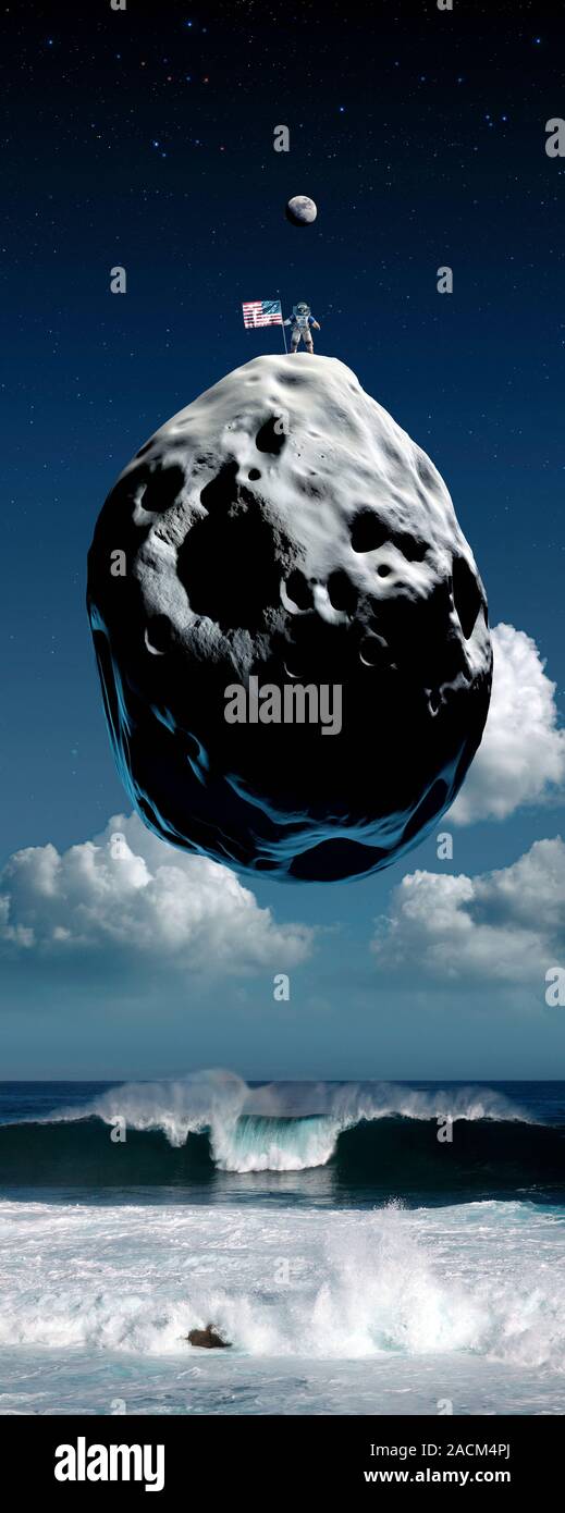 Space exploration. Conceptual image showing an astronaut planting a US flag on an asteroid. The Moon is above him, and the Earth he has travelled from Stock Photo