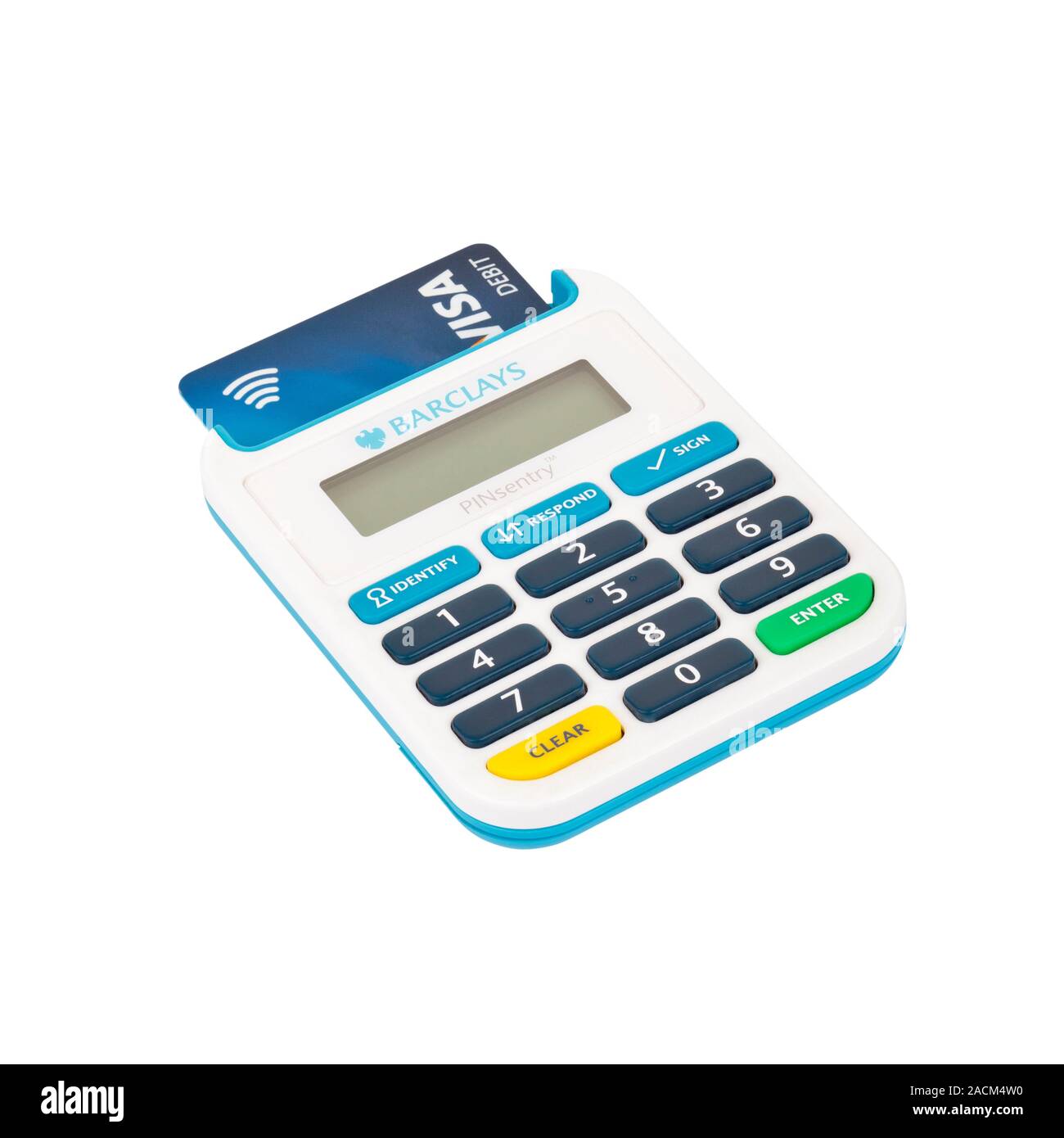 Chip and pin card reader with Visa Debit card inserted. The PINsentry