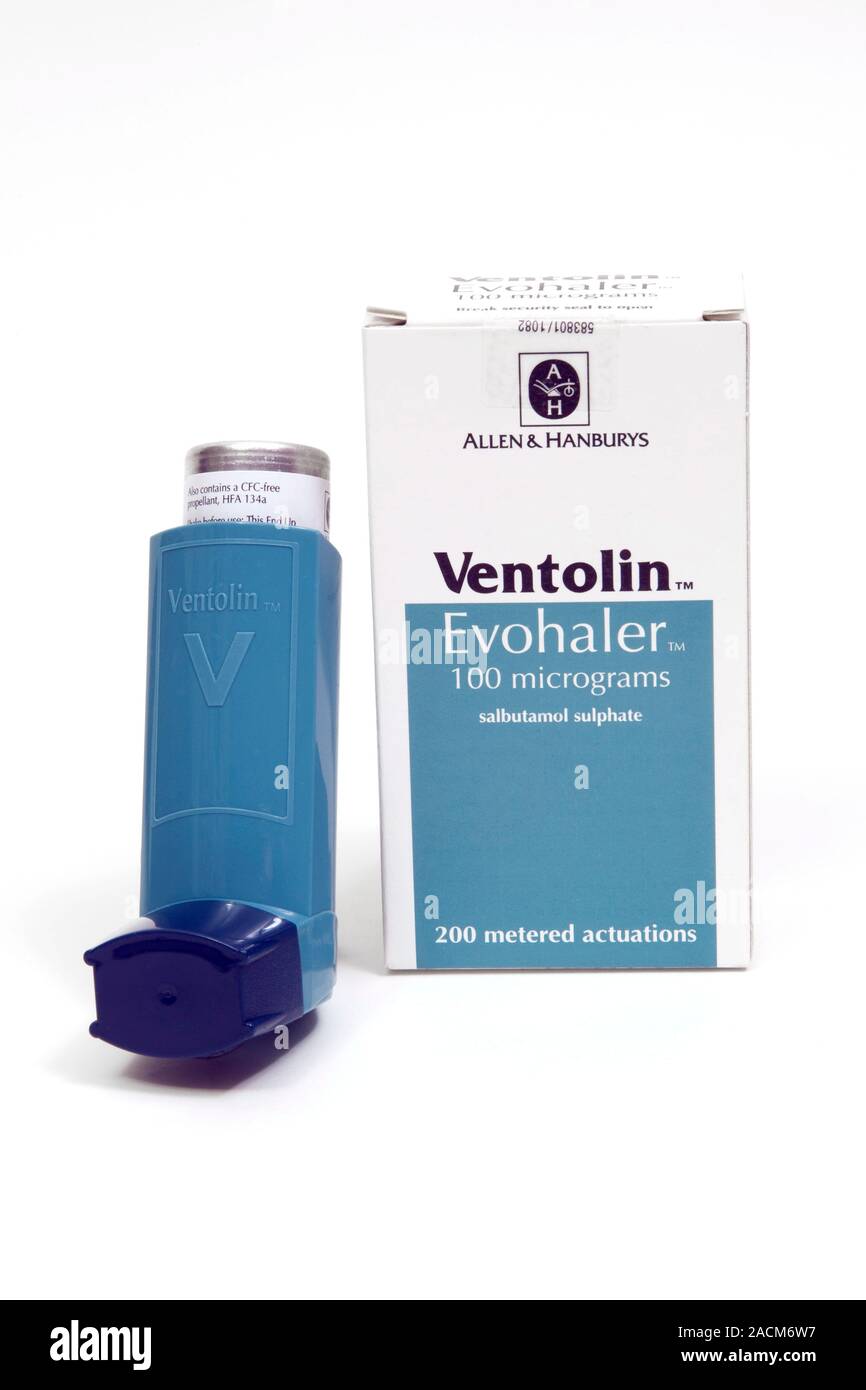 Asthma inhaler and packaging. This pump dispenses a bronchodilator drug