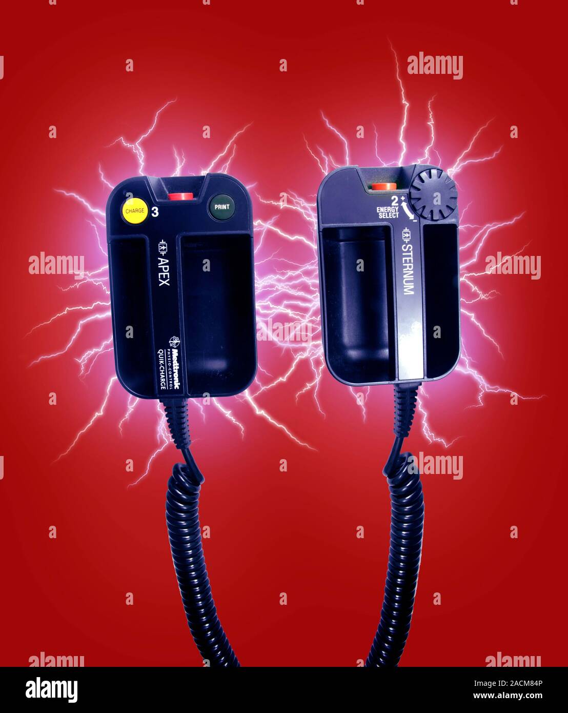 Paddles of a defibrillator producing an electric discharge. These two