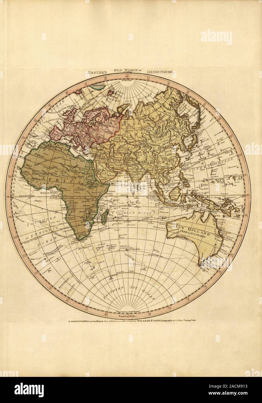 Eastern hemisphere. 1786 map of the Old World (Earth's eastern 