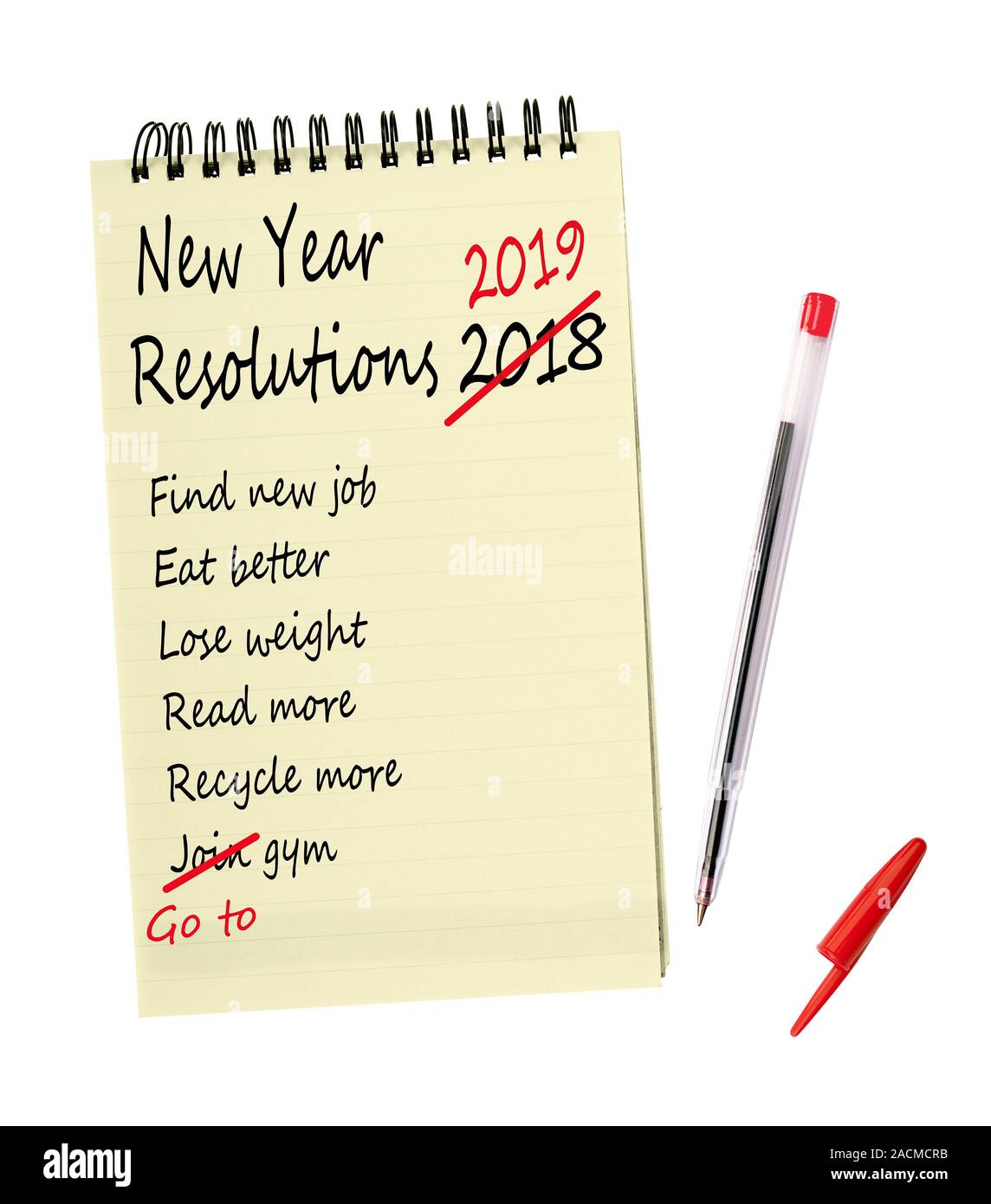 New year resolutions 2019 - same again. Notepad list isolated on white with pen. Stock Photo