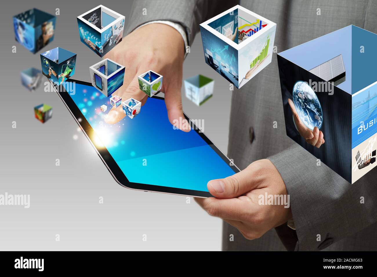 Business hand shows touch screen mobile phone with streaming images ...