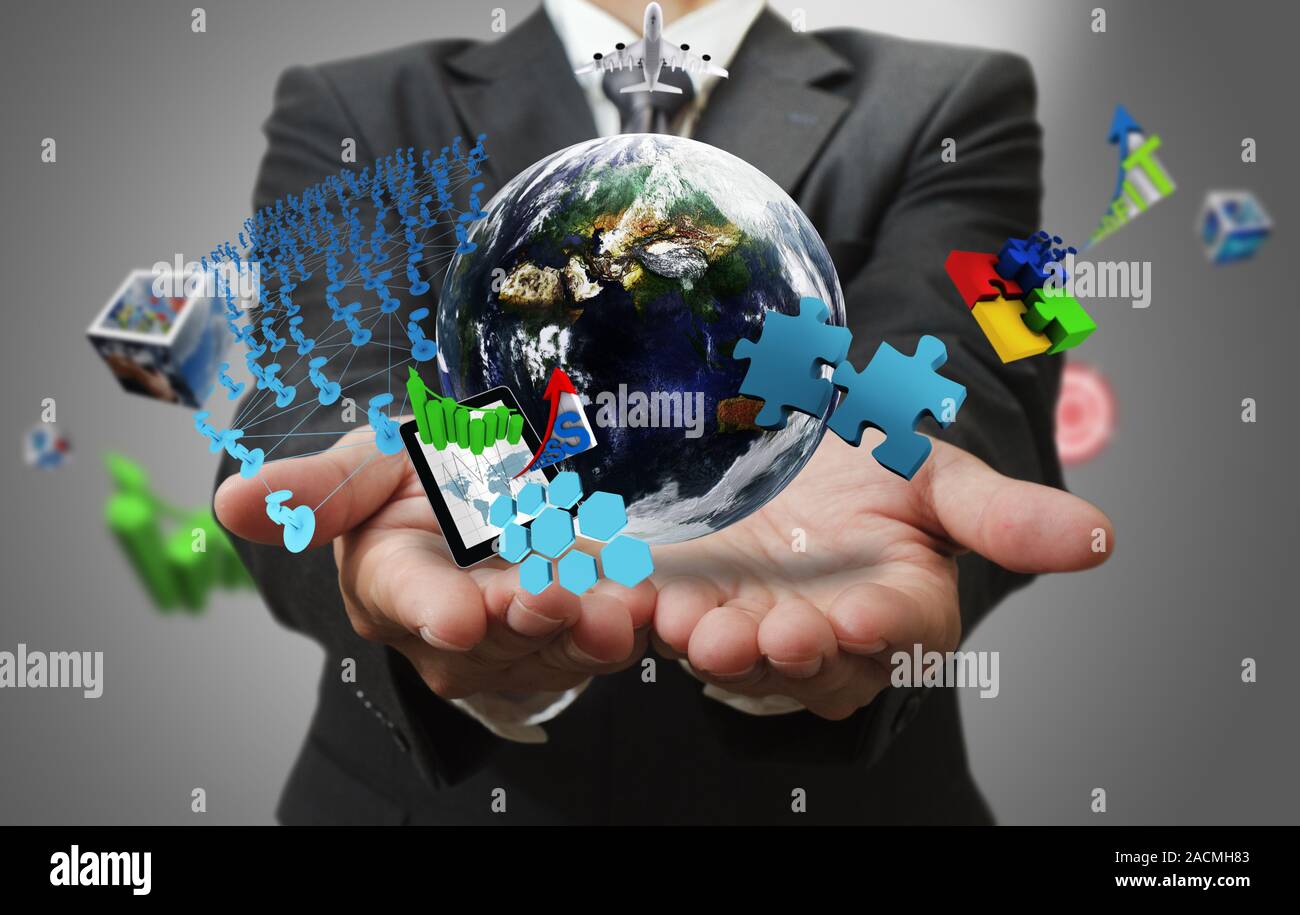 Business man hand shows the world of Business as conceptElements of this image furnished by NASA Stock Photo