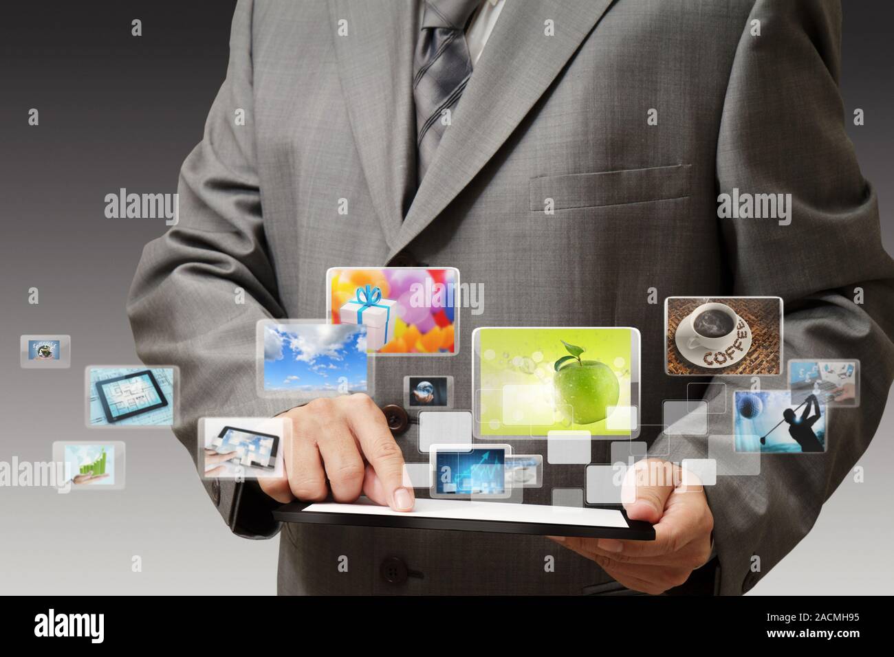 Business hand shows touch screen mobile phone with streaming images ...