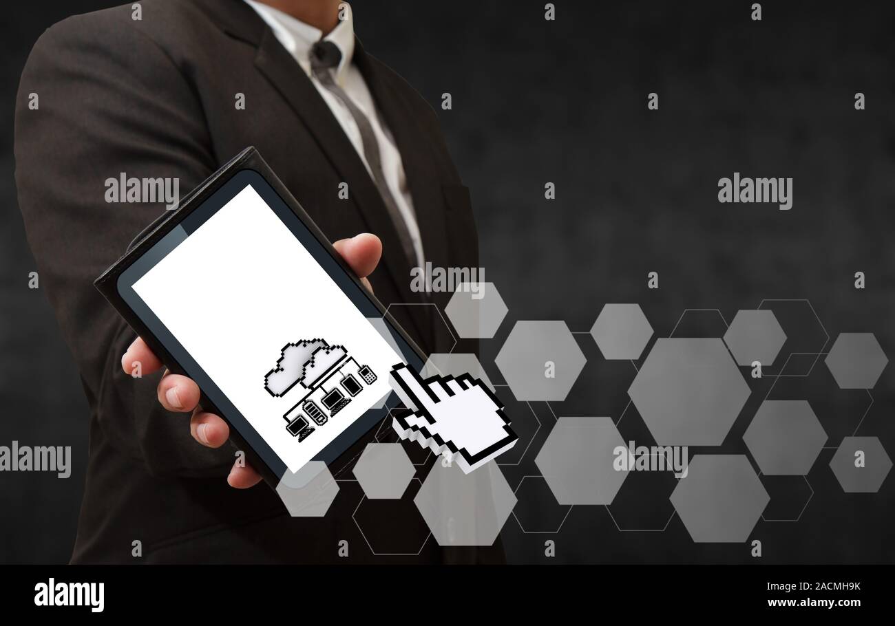 Business man hand shows 3d pixel cloud network Stock Photo