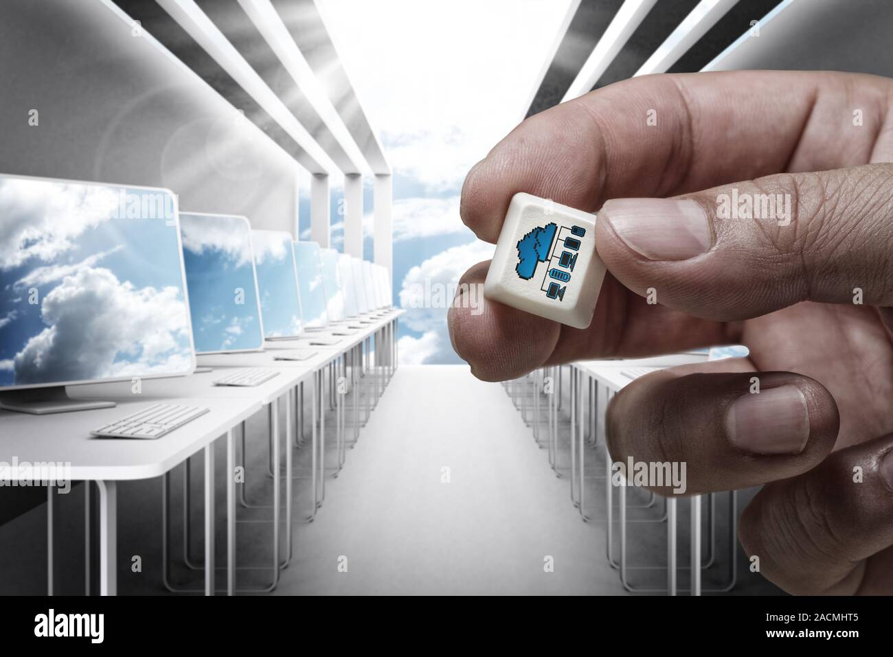 hand shows cloud network on keyboard button Stock Photo