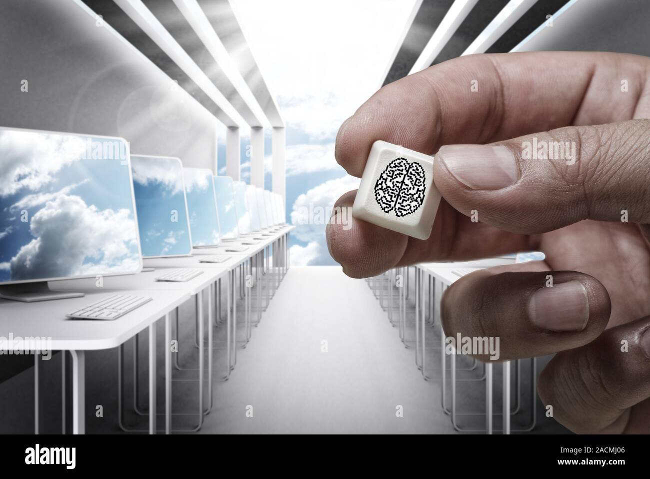 hand shows pixel brain Stock Photo