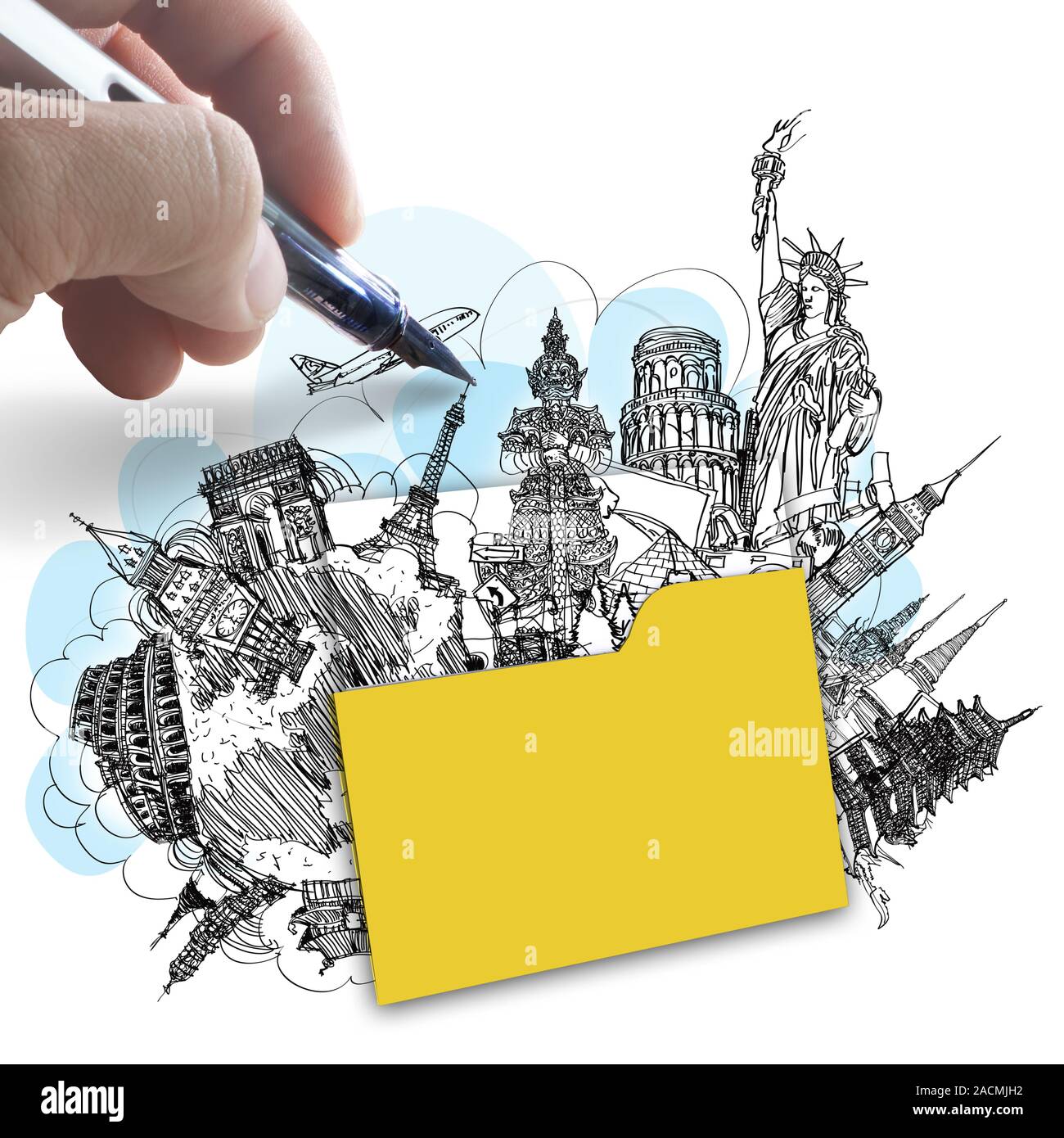 hand draws folder of dream travel around the world as success concept Stock Photo