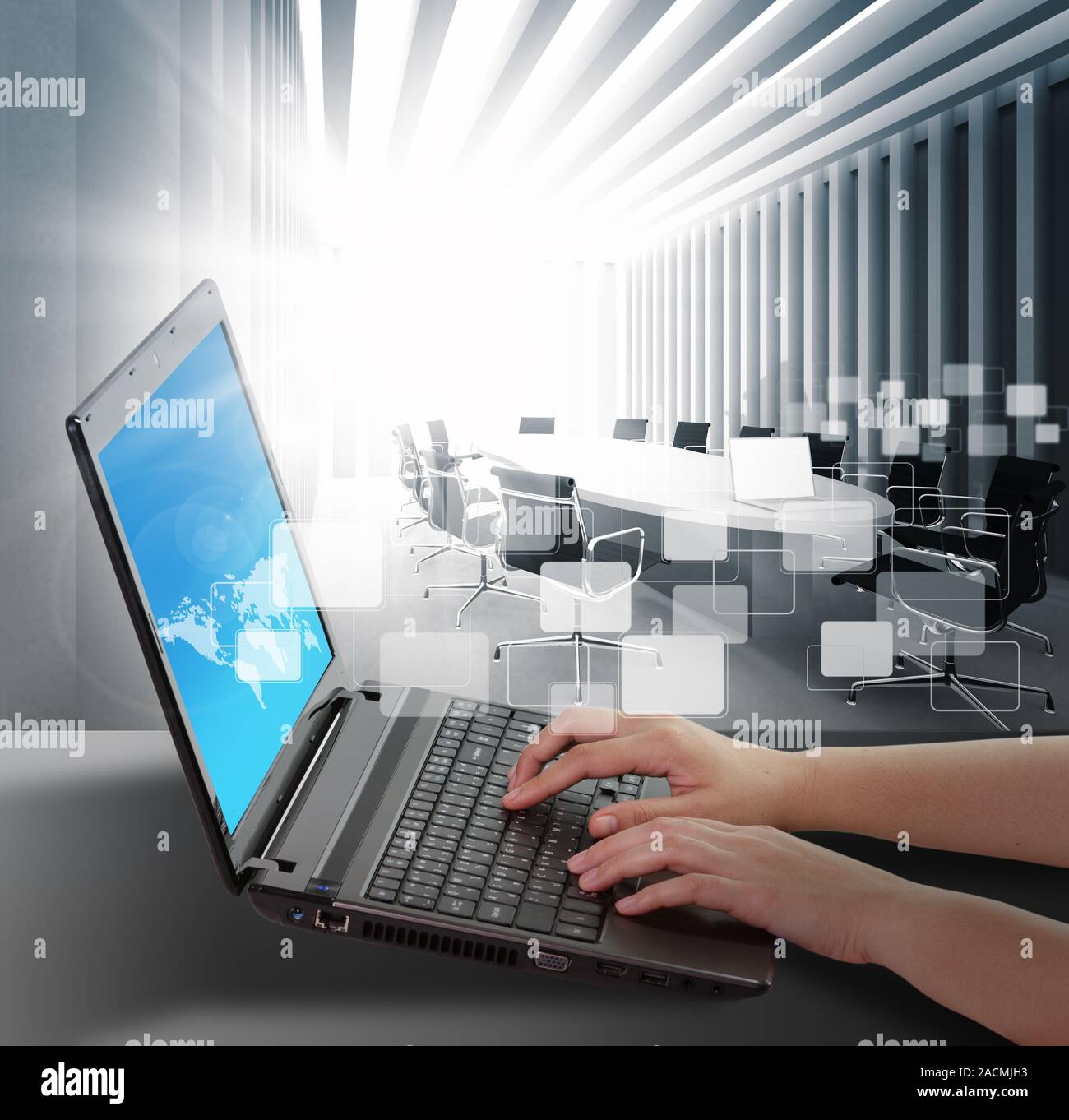 female hands typing on a laptop Stock Photo