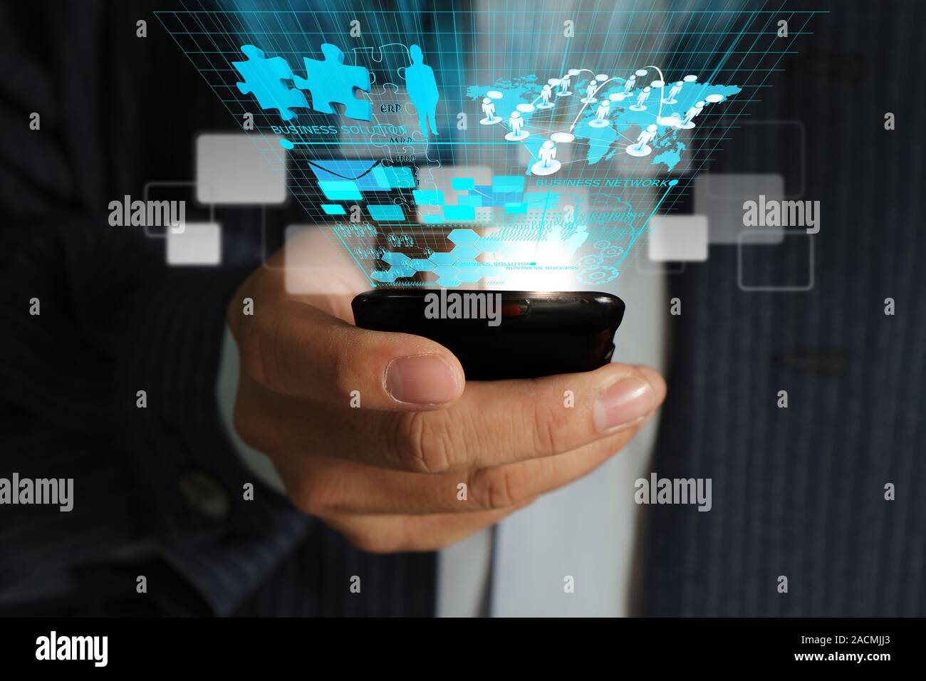 Business man hand use mobile phone streaming virtual Business network process diagram Stock Photo