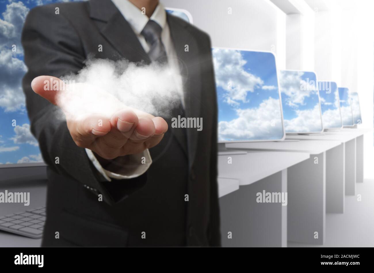 Business man hand shows cloud network concept Stock Photo